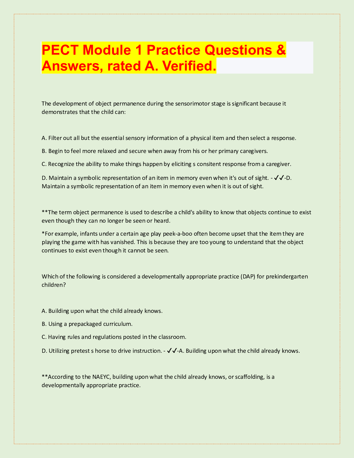 Preview image for PECT Module 1 Practice Questions &  Answers, rated A. Verified.
